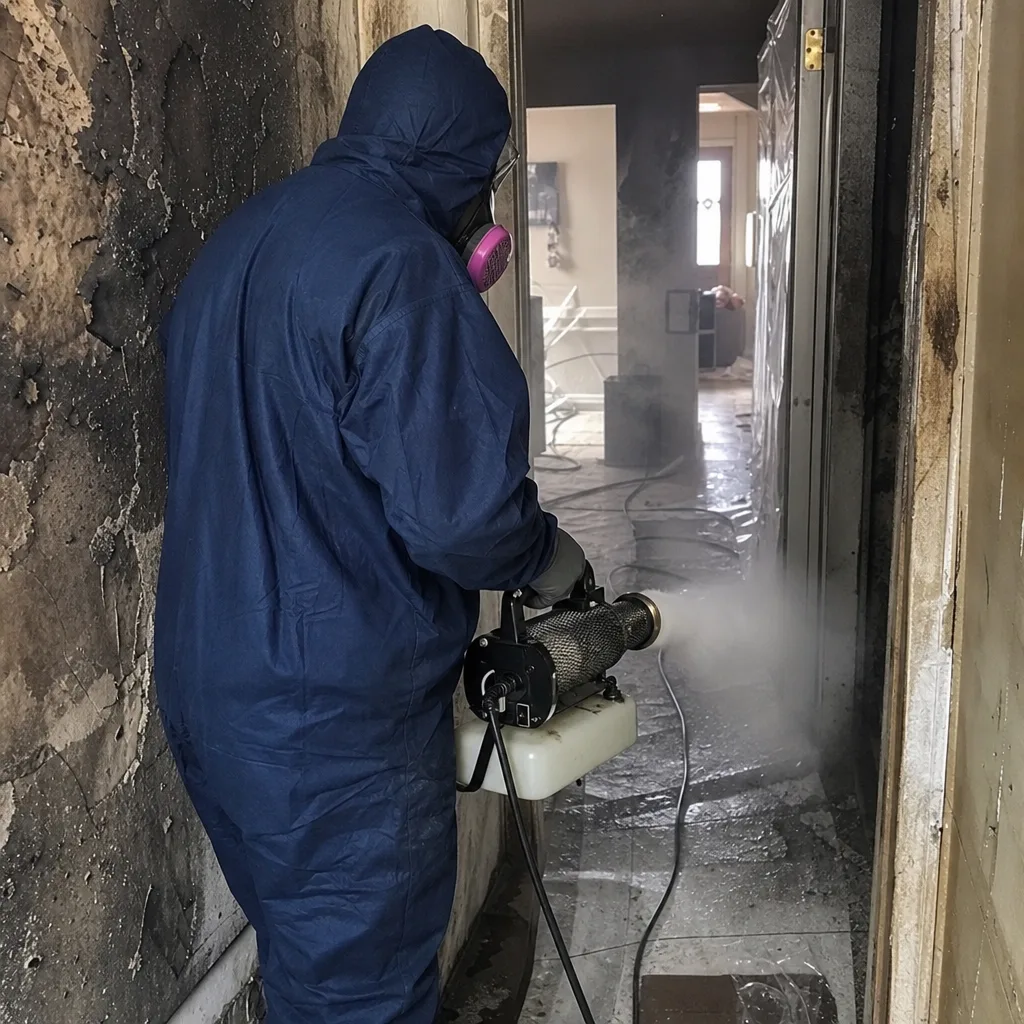 Technician performing professional smoke odor remediation after fire damage