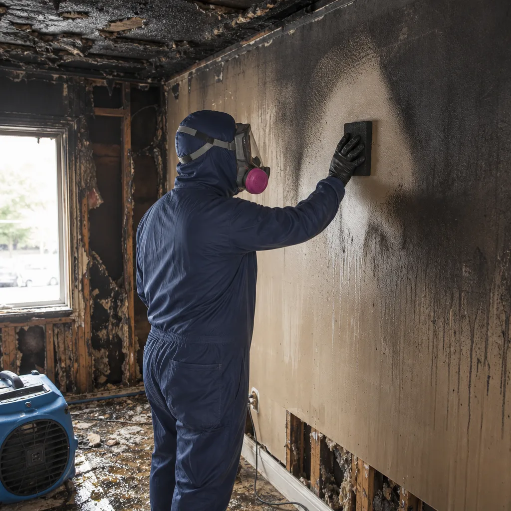 Professional fire and smoke damage restoration technician cleaning charred wall