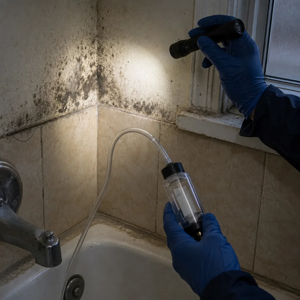 Technician using mold testing equipment and flashlight on a bathroom wall