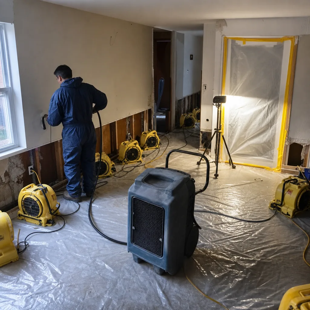Technician using industrial drying equipment for professional water damage restoration services.