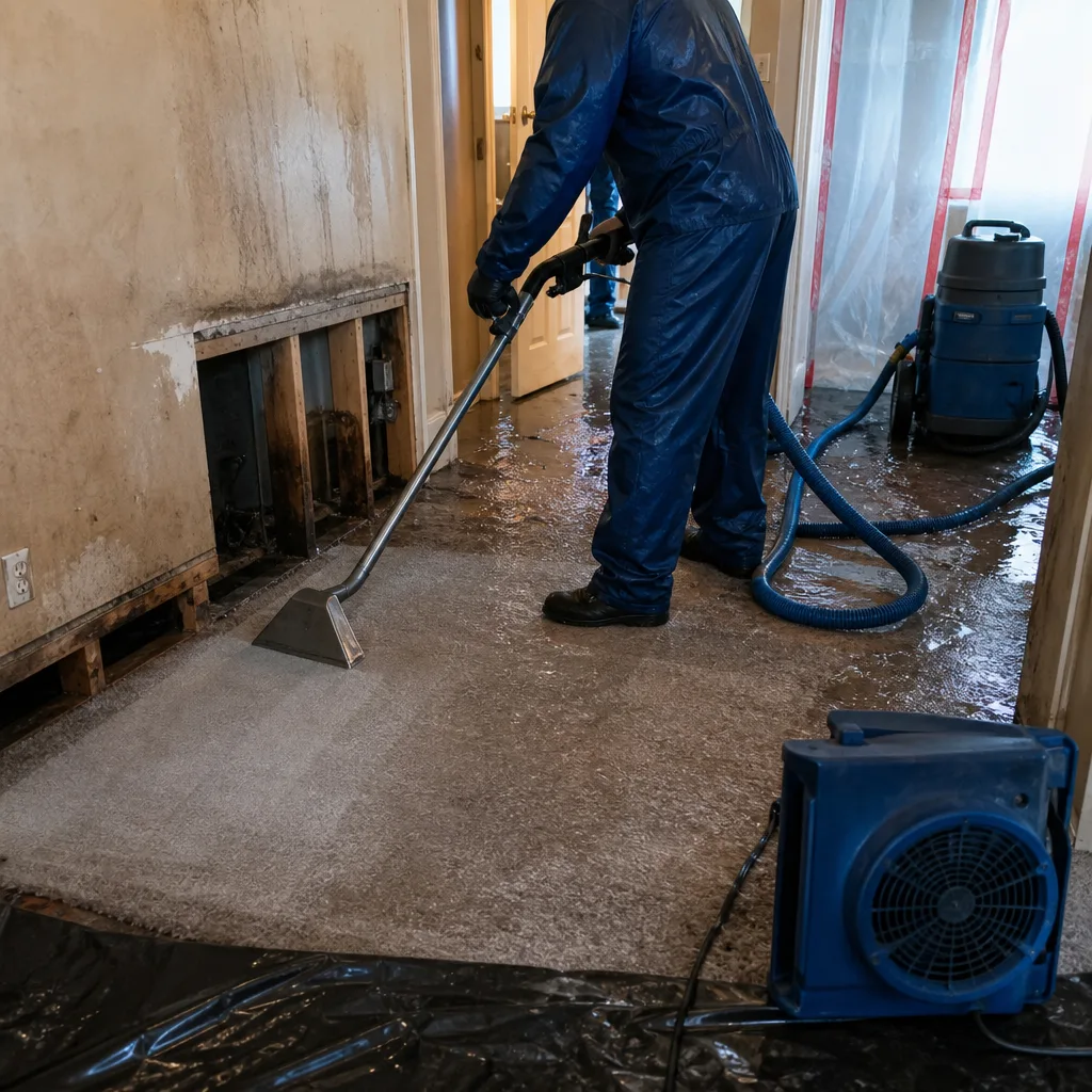 Water damage restoration professional extracting flood water from a carpeted floor